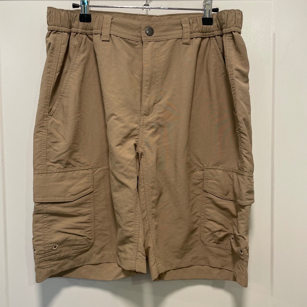 White Sierra Mens Medium Tan Nylon Cargo Hiking Fishing Shorts Elastic Waist